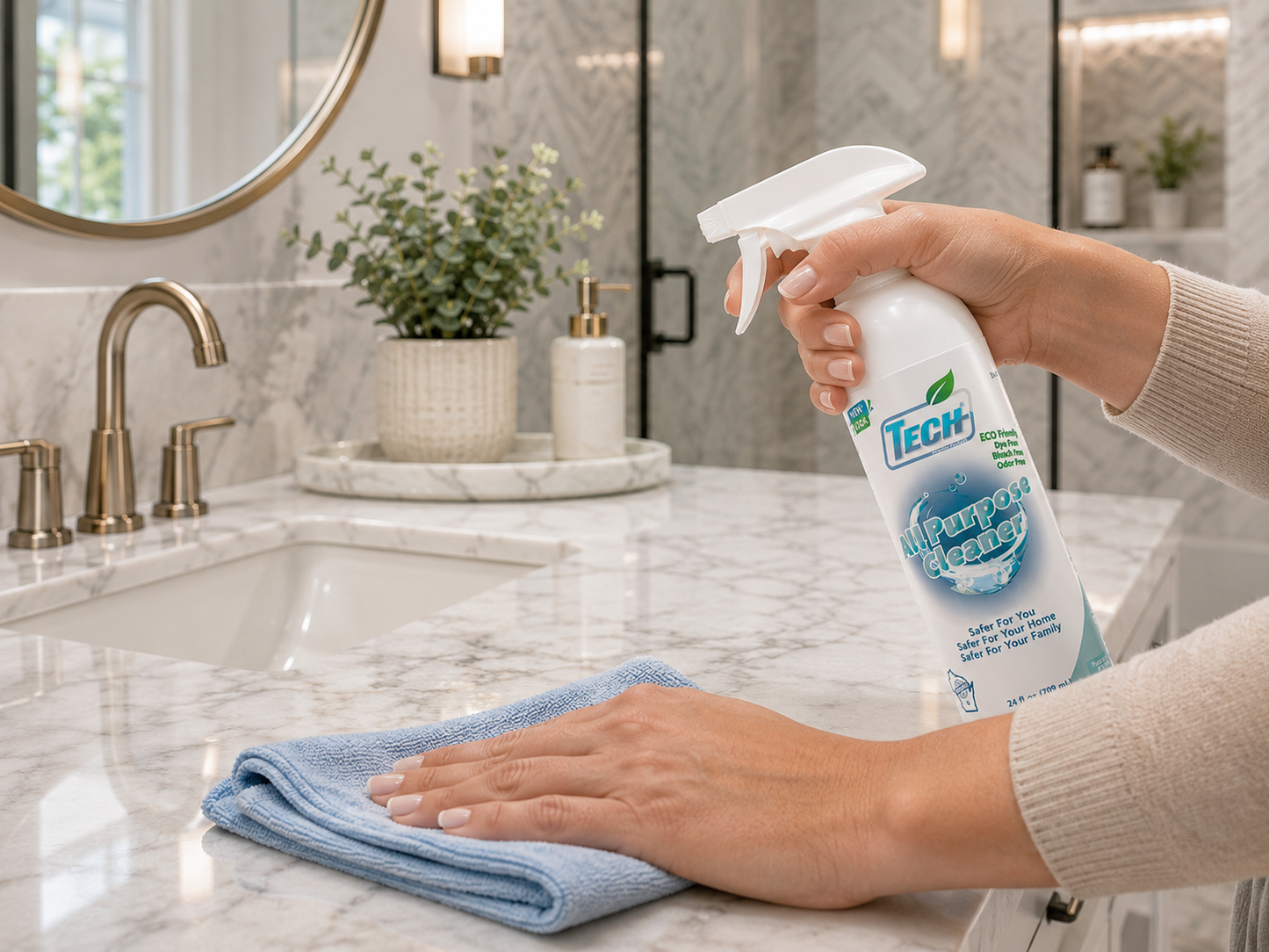 TECH All Purpose Cleaner being used in a high end bathroom counter