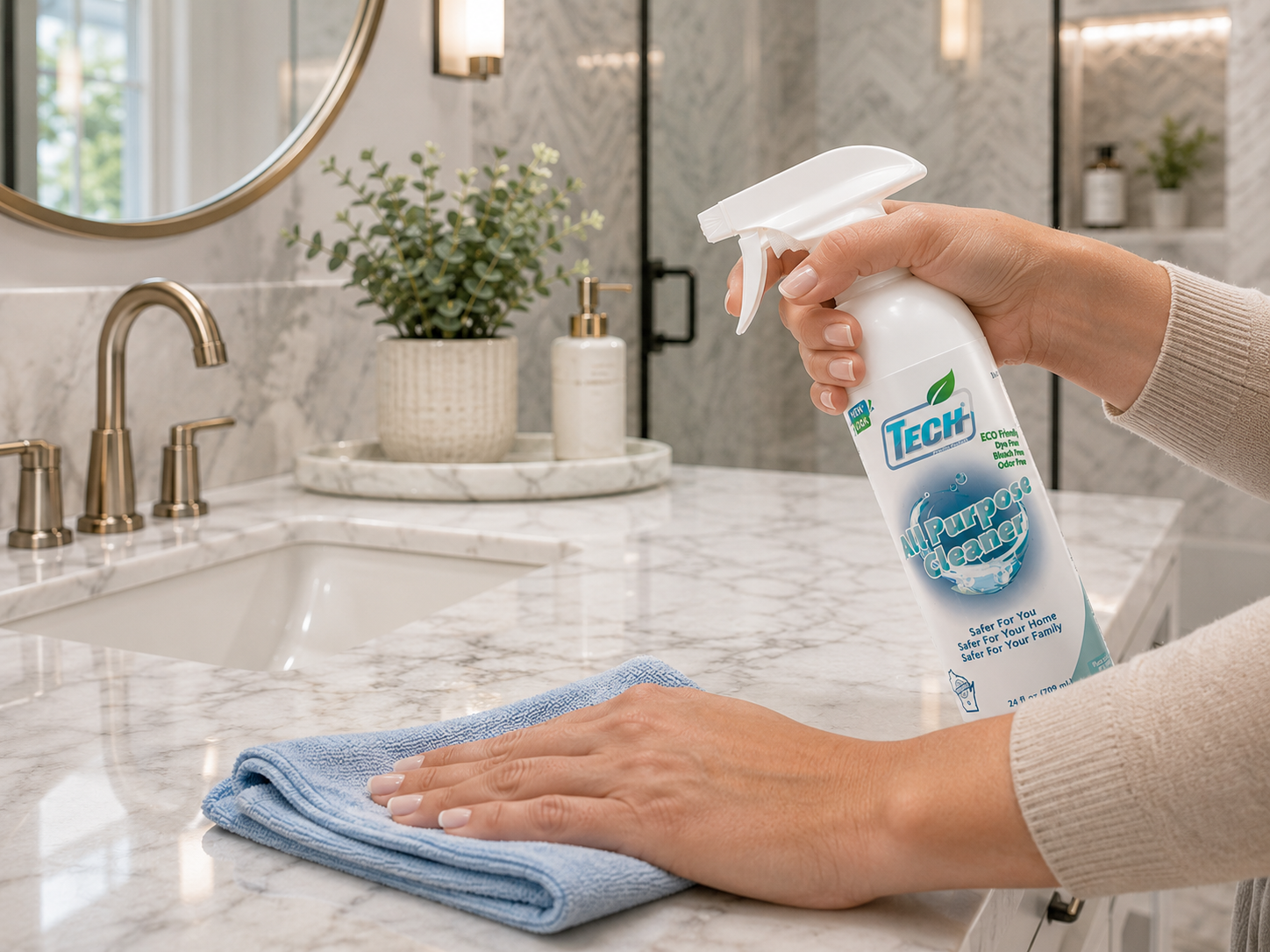 TECH All Purpose Cleaner being used in a high end bathroom counter