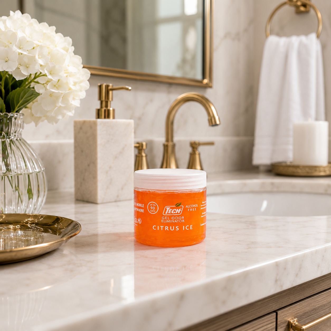 TECH Gel Odor Eliminator Citrus Ice in a Bathroom