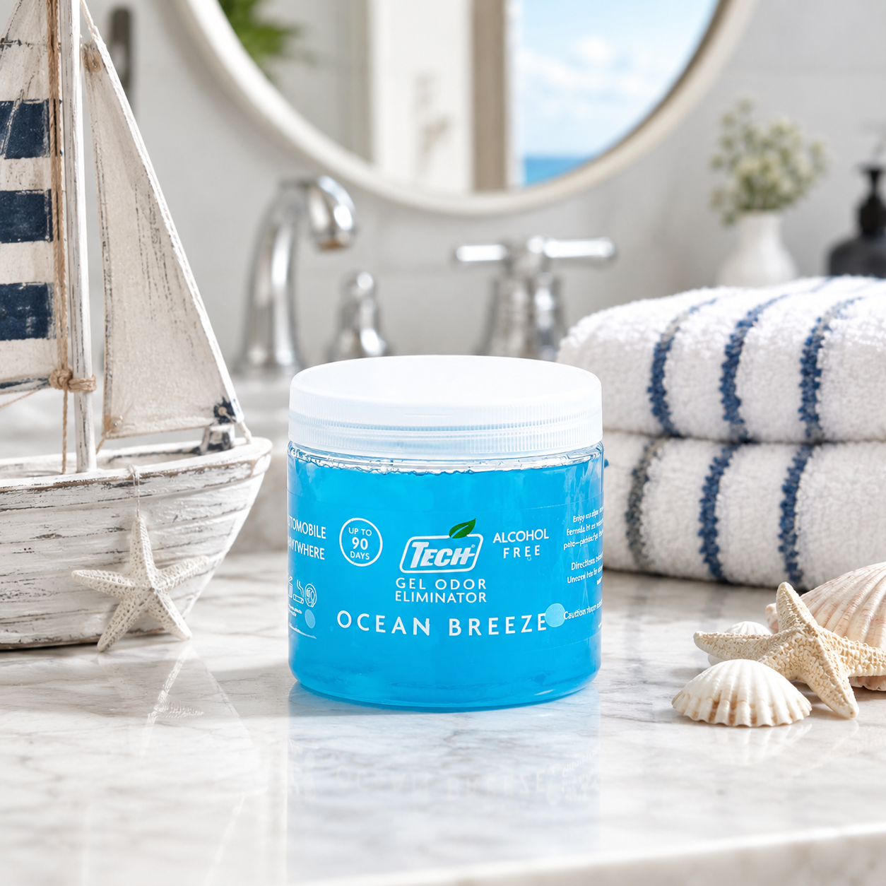 TECH Gel Odor Eliminator Ocean Breeze in a Nautical Themed Bathroom