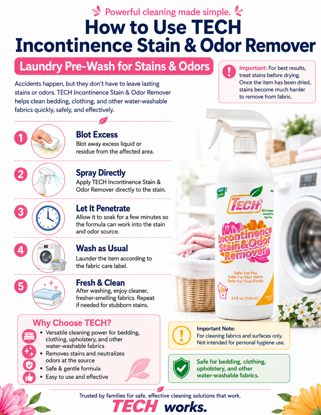 TECH Incontinence Stain & Odor Remover How to Use Guide